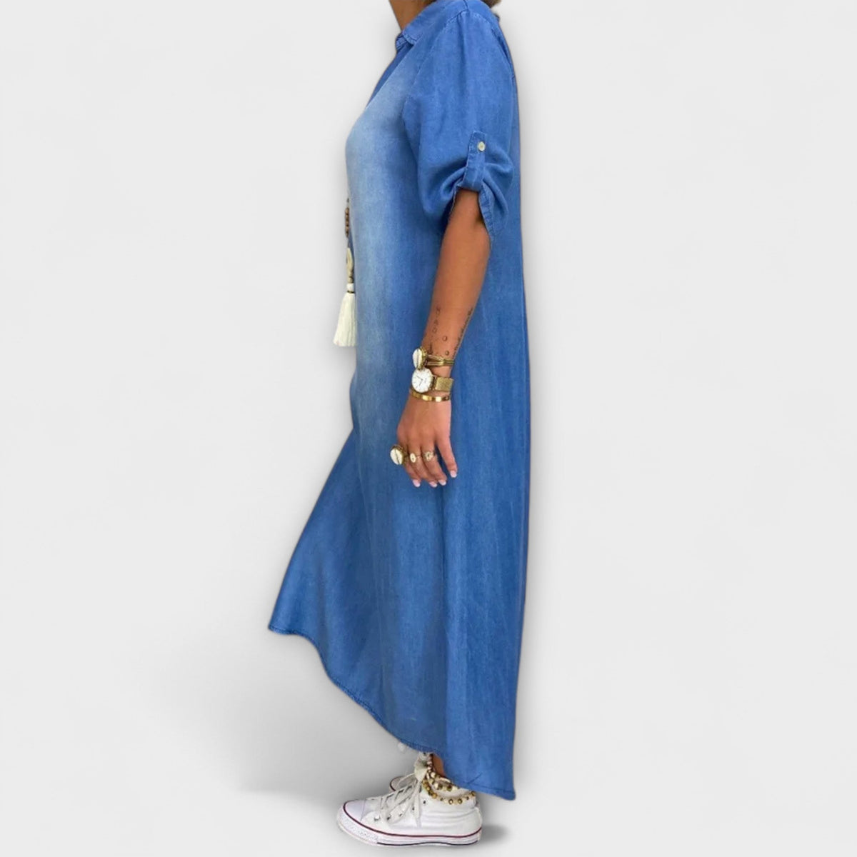 Lea - Blau Denim-Look Jurk met Zijsplit