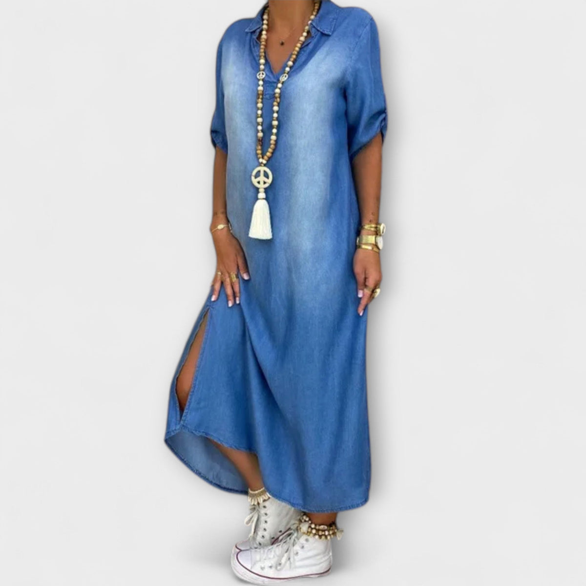 Lea - Blau Denim-Look Jurk met Zijsplit