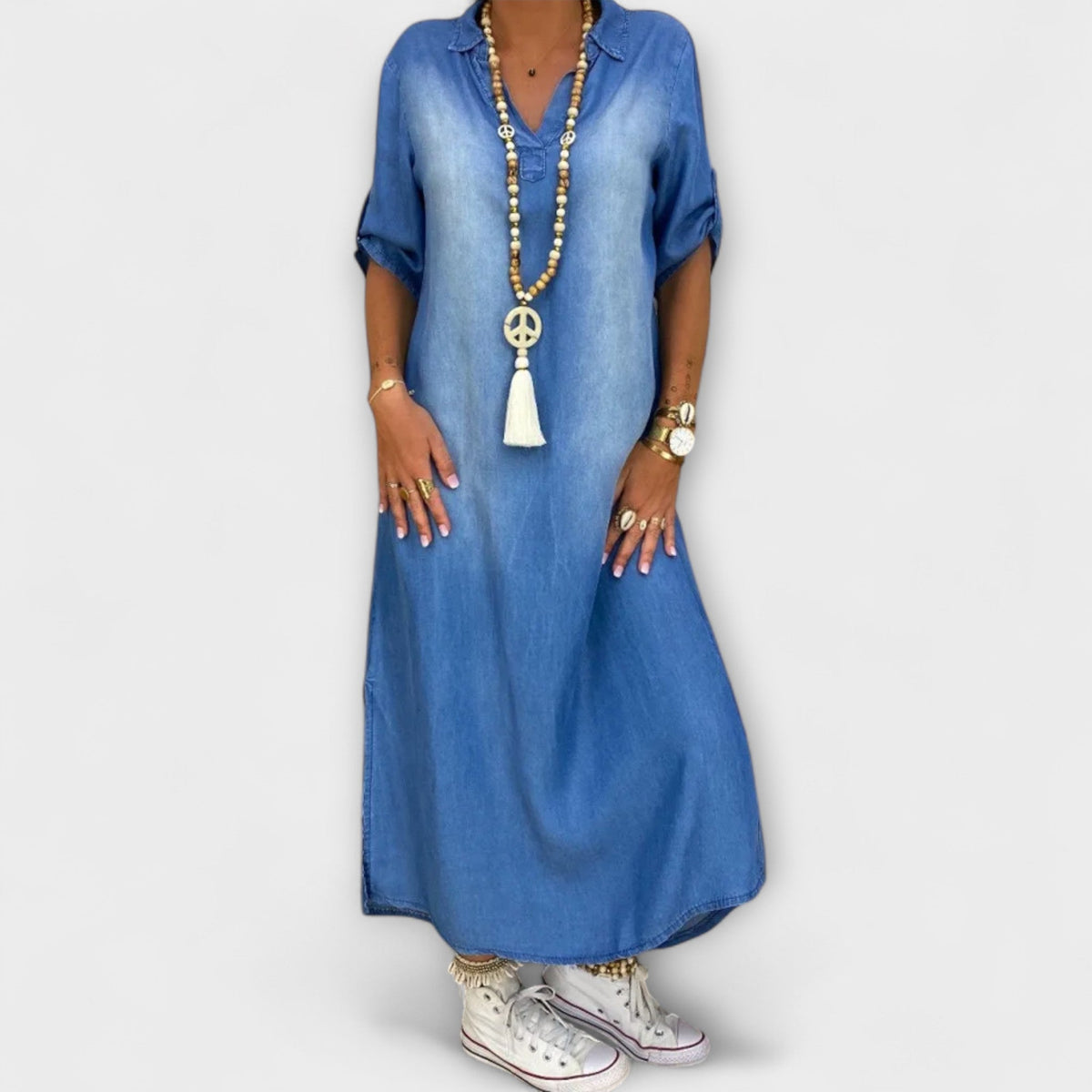Lea - Blau Denim-Look Jurk met Zijsplit