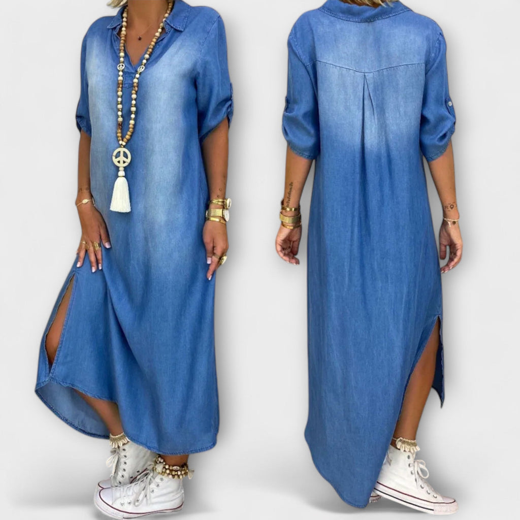 Lea - Blau Denim-Look Jurk met Zijsplit