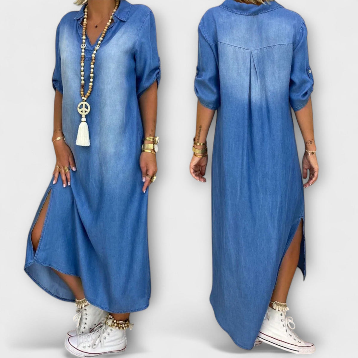 Lea - Blau Denim-Look Jurk met Zijsplit