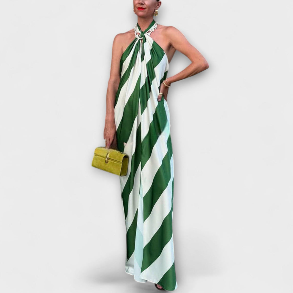 Marlowe - Groen-wit gestreepte Halter-maxi-jurk