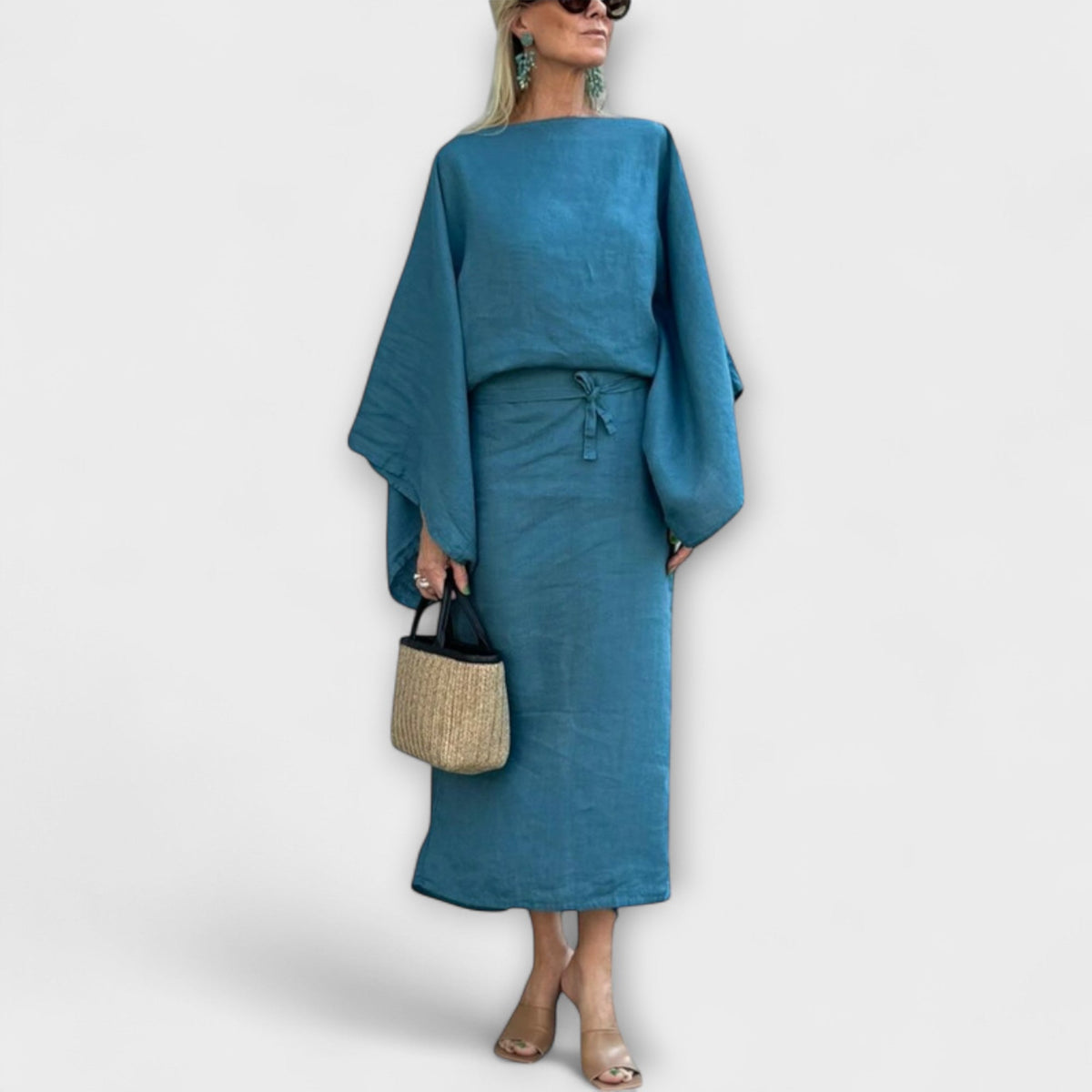 Dana - Blauwe Kimono-jurk van Linnen