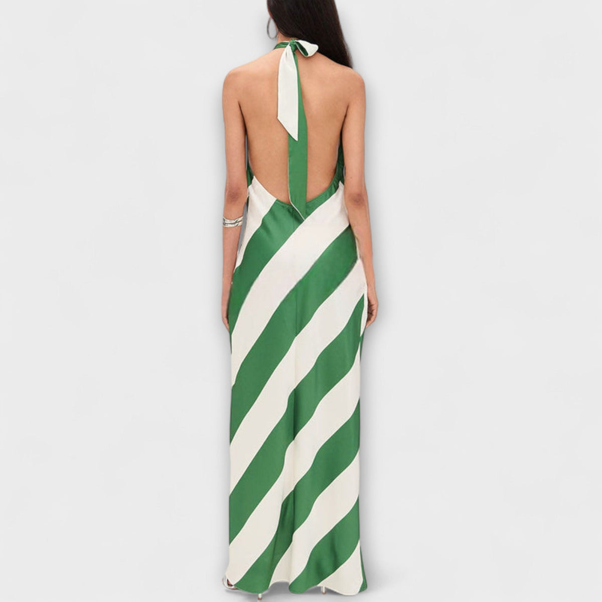 Marlowe - Groen-wit gestreepte Halter-maxi-jurk