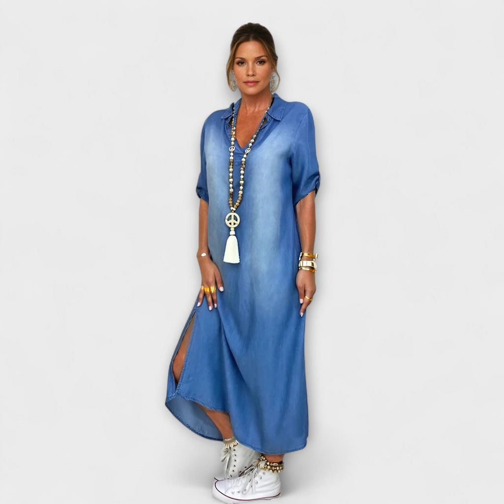 Lea - Blau Denim-Look Jurk met Zijsplit