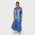 Lea - Blau Denim-Look Jurk met Zijsplit