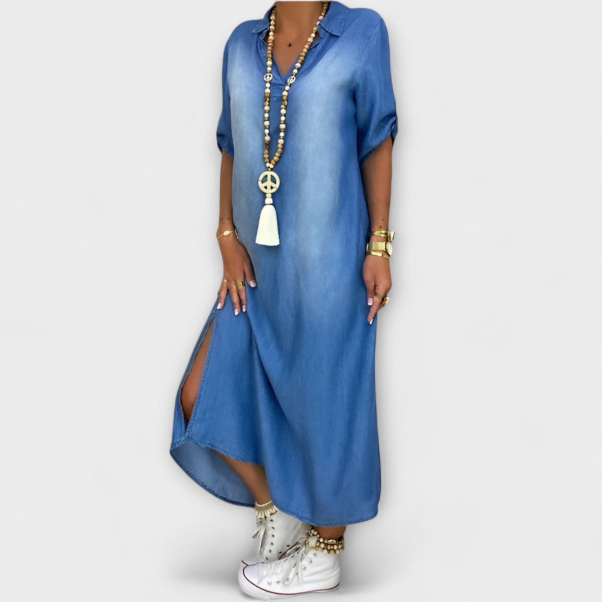 Lea - Blau Denim-Look Jurk met Zijsplit