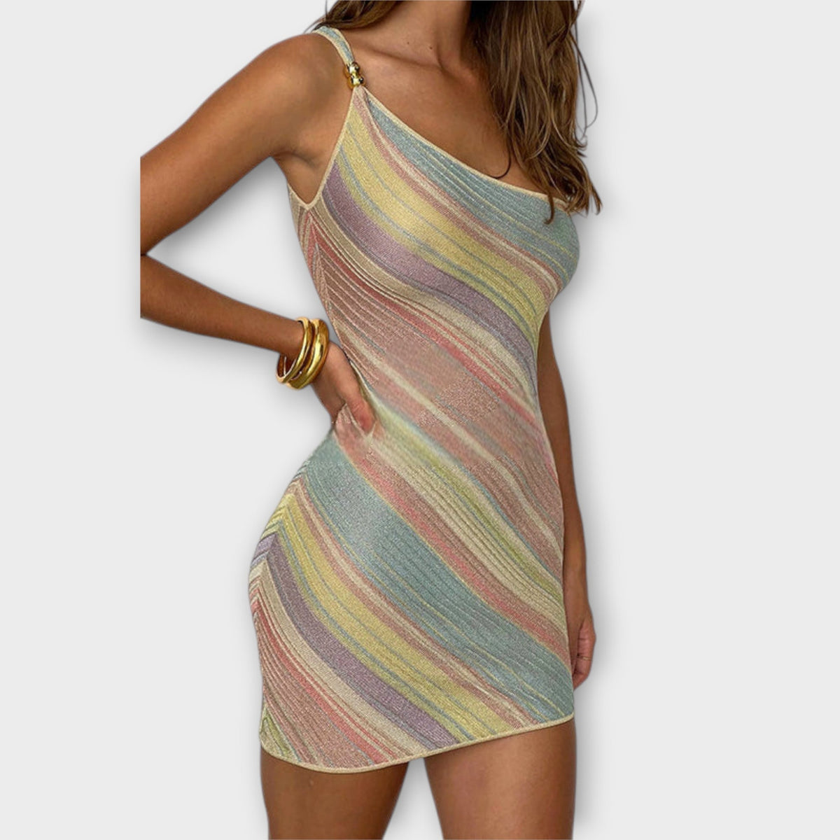 Kira - Blauwe One-Shoulder Tricotjurk met Strepen
