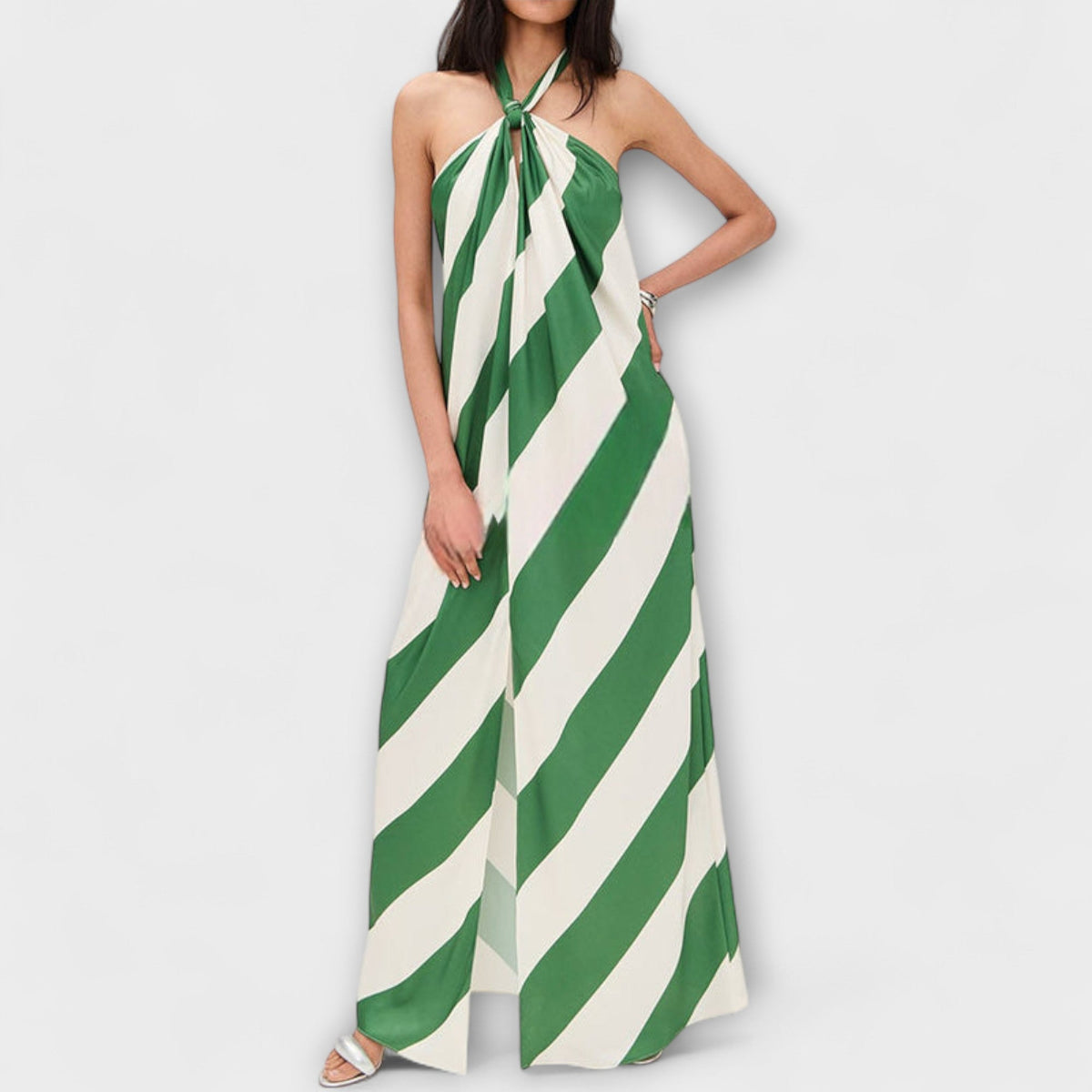 Marlowe - Groen-wit gestreepte Halter-maxi-jurk