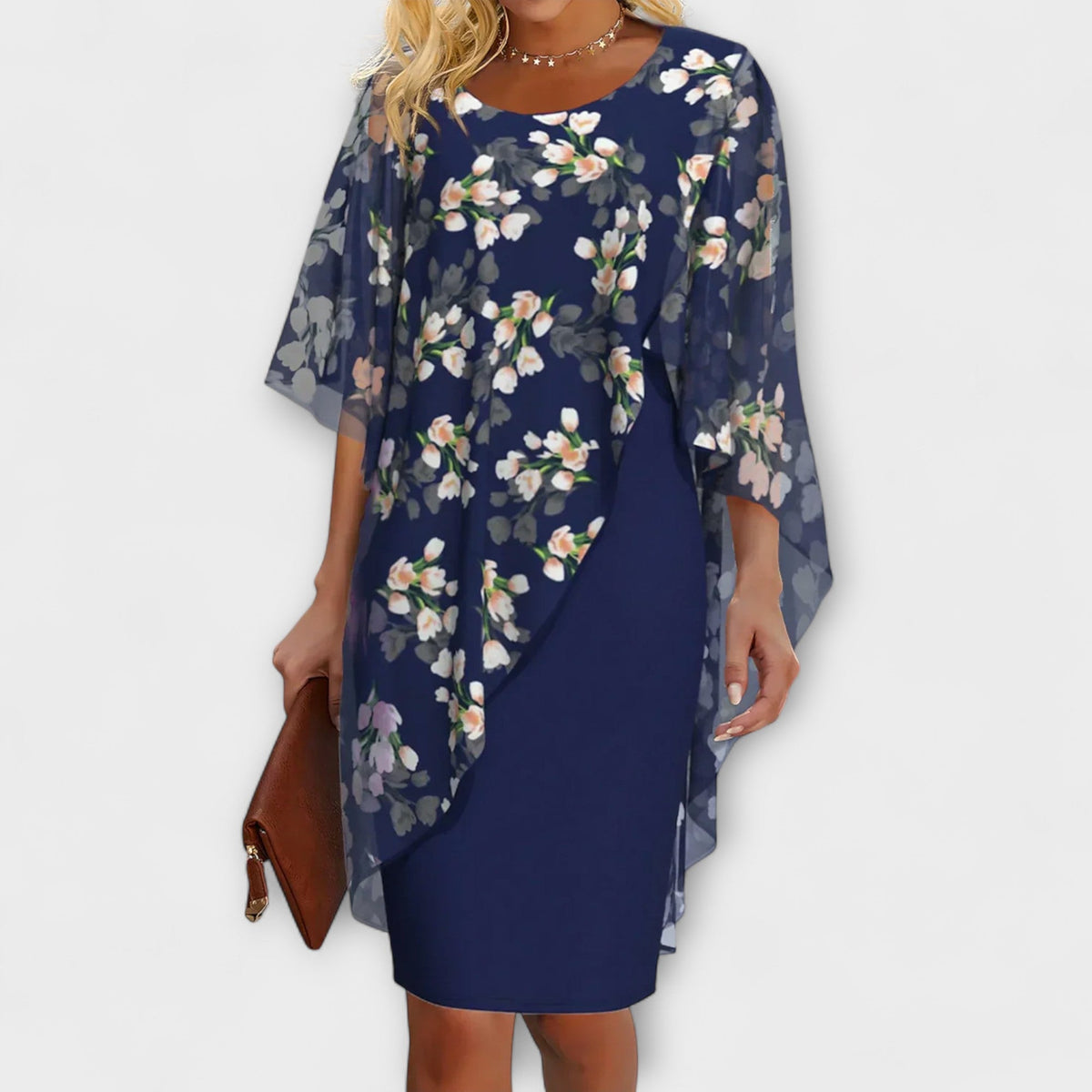 Lyanna - Donkerblauwe Chiffonjurk met Bloemenpatroon