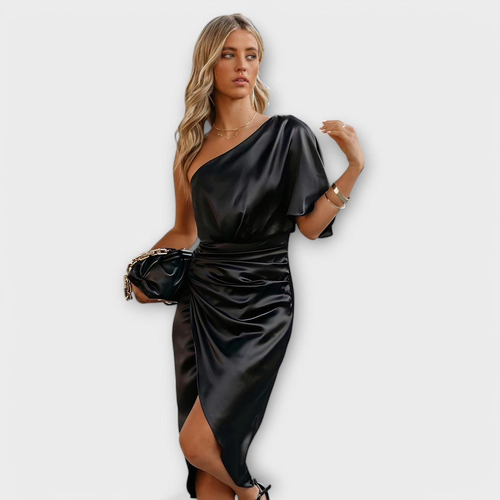 Élise - Blauwe luxe one-shoulder avondjurk