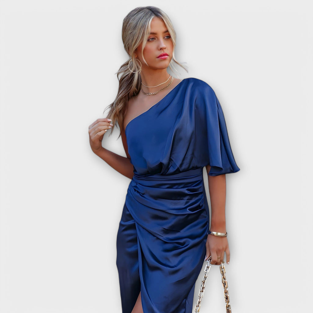 Élise - Blauwe luxe one-shoulder avondjurk