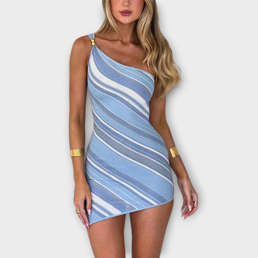 Kira - Blauwe One-Shoulder Tricotjurk met Strepen