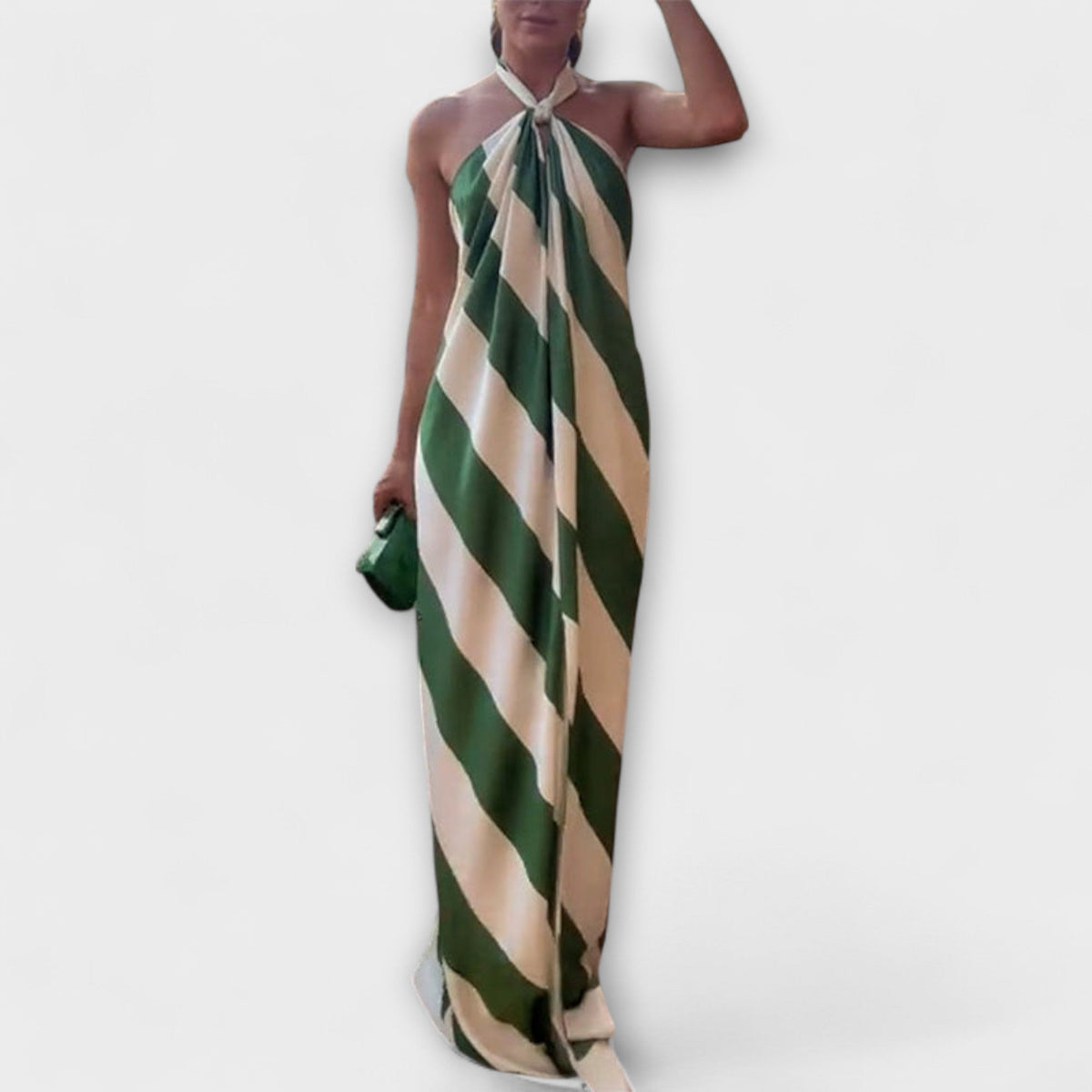 Marlowe - Groen-wit gestreepte Halter-maxi-jurk