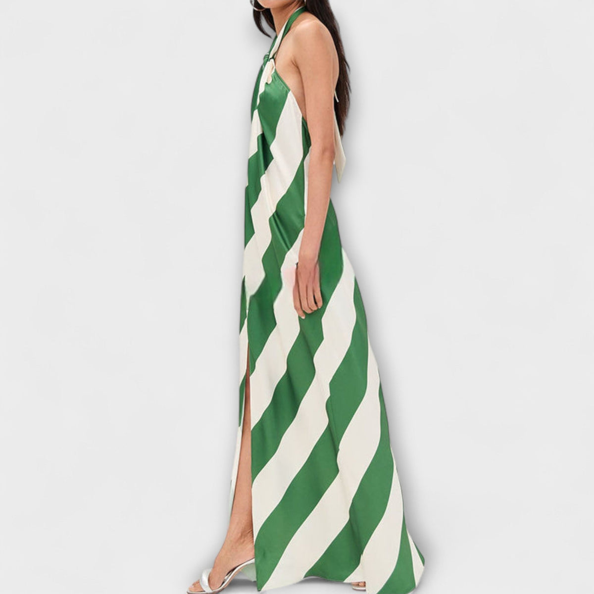 Marlowe - Groen-wit gestreepte Halter-maxi-jurk