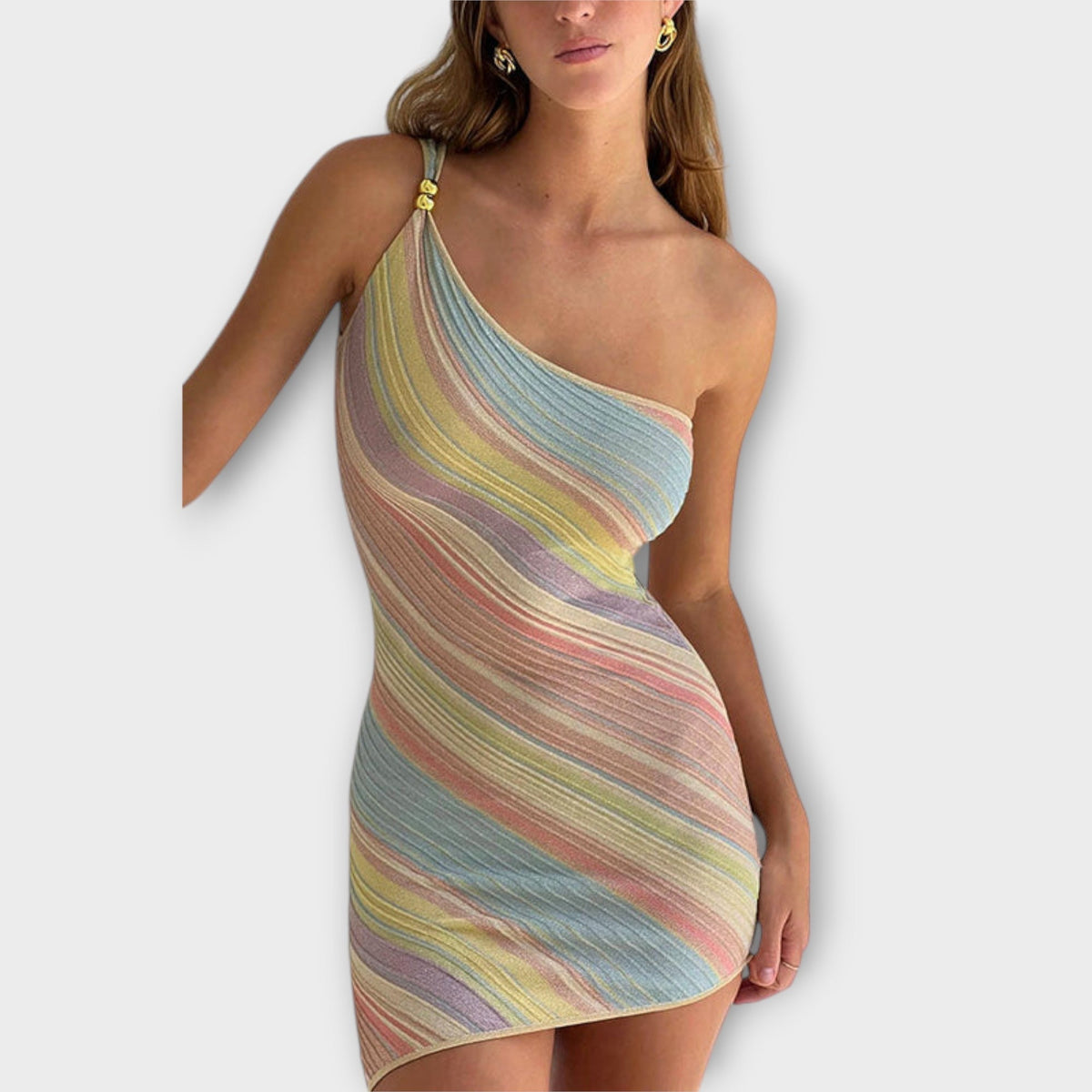 Kira - Blauwe One-Shoulder Tricotjurk met Strepen