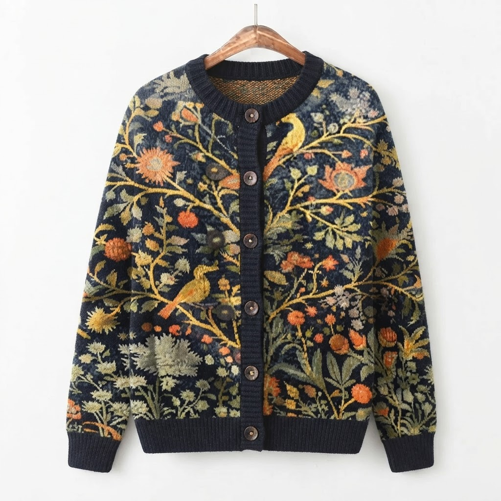 Ylvi - Donkerblauwe Cardigan met Bloemen- en Vogelmotief