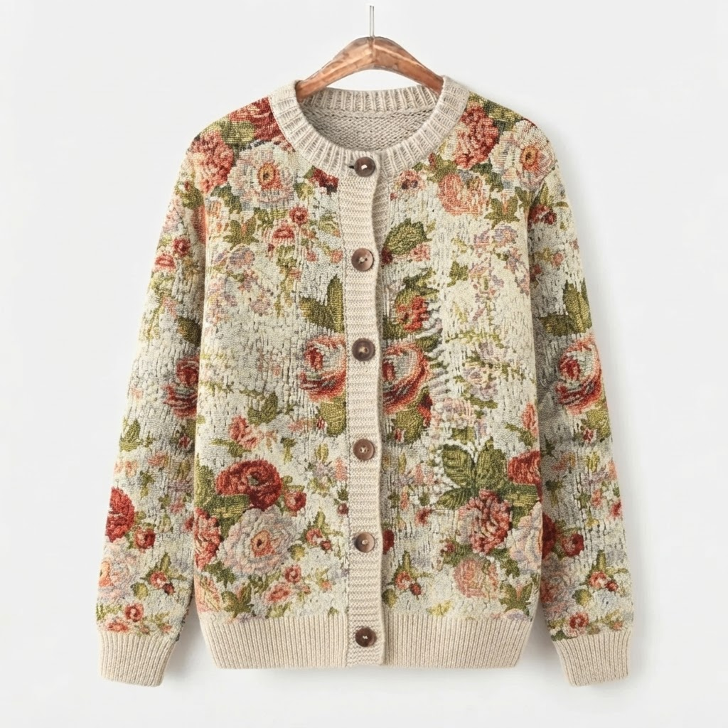 Leya - Beige Gebreide Cardigan met Bloemenpatroon