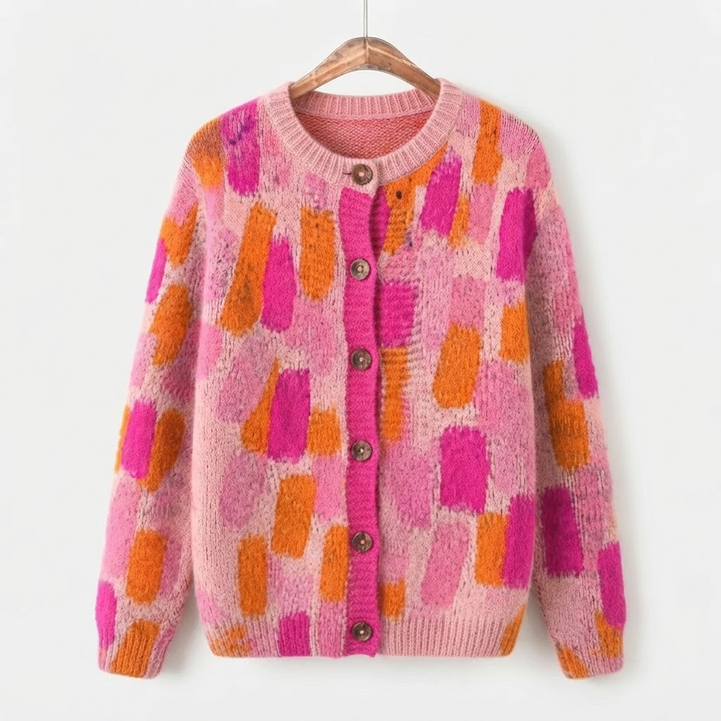 Flora - Roze gebreide cardigan met levendige print