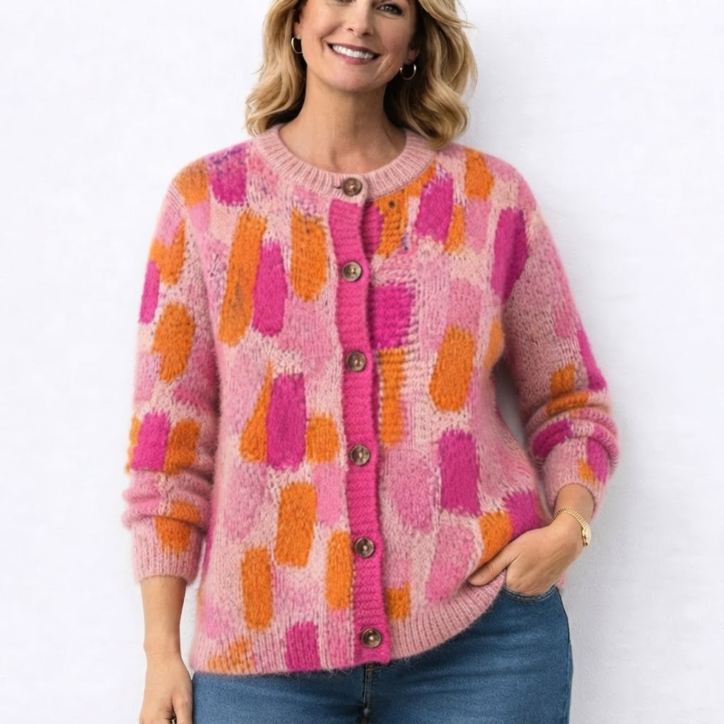 Flora - Roze gebreide cardigan met levendige print