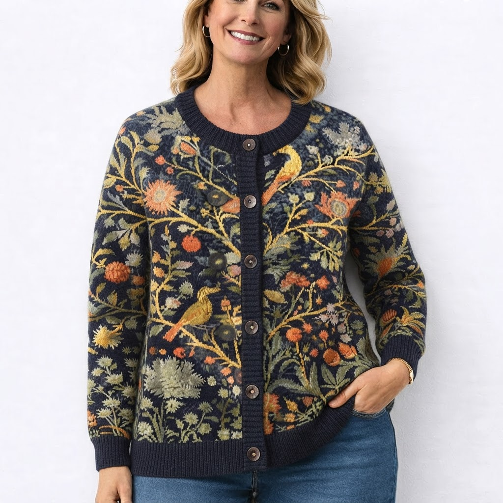Ylvi - Donkerblauwe Cardigan met Bloemen- en Vogelmotief