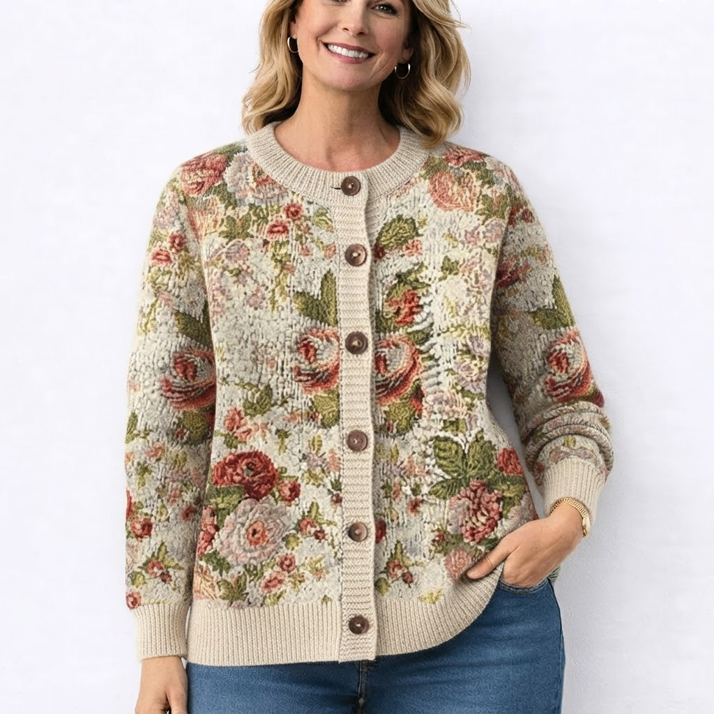 Leya - Beige Gebreide Cardigan met Bloemenpatroon