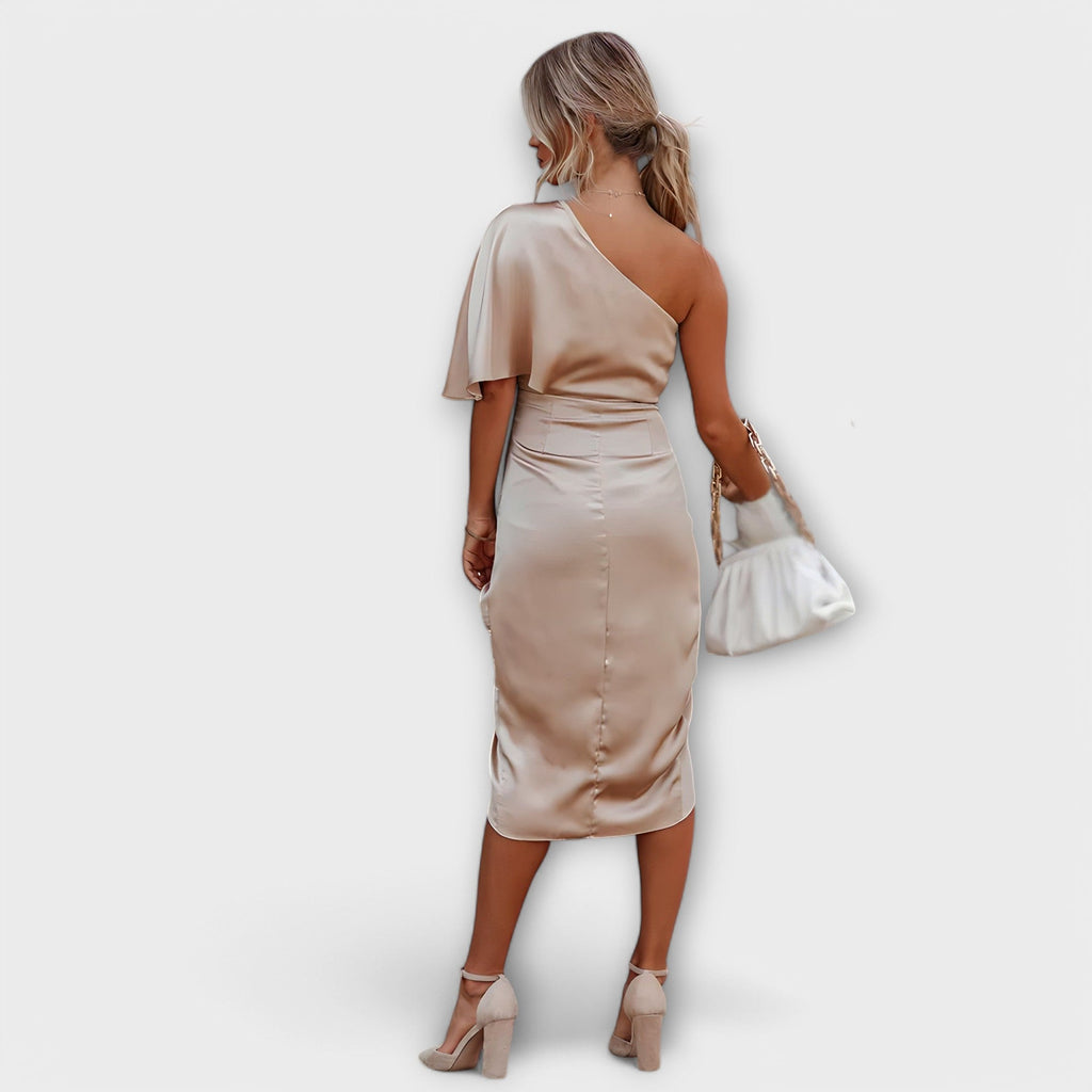 Élise - Blauwe luxe one-shoulder avondjurk