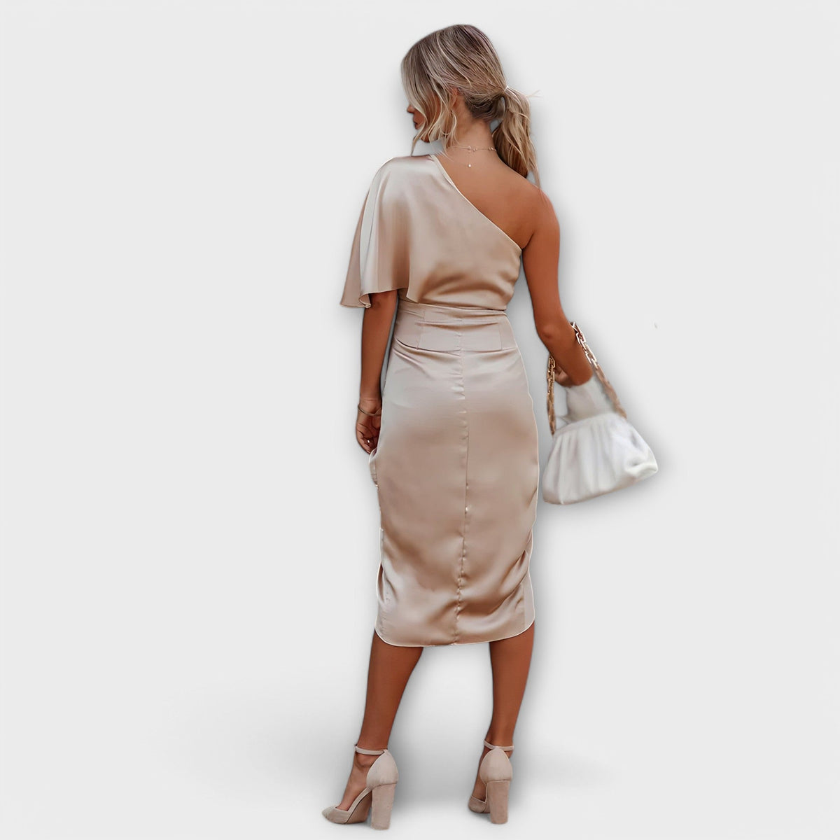 Élise - Blauwe luxe one-shoulder avondjurk
