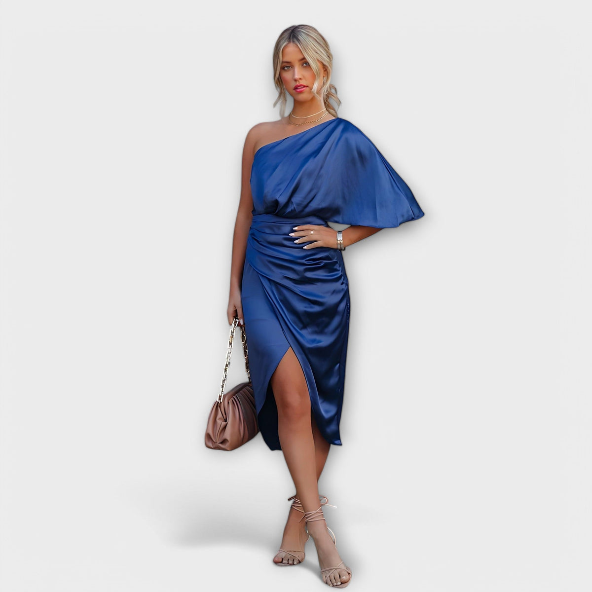 Élise - Blauwe luxe one-shoulder avondjurk