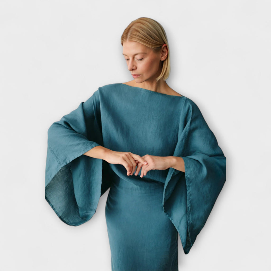 Dana - Blauwe Kimono-jurk van Linnen