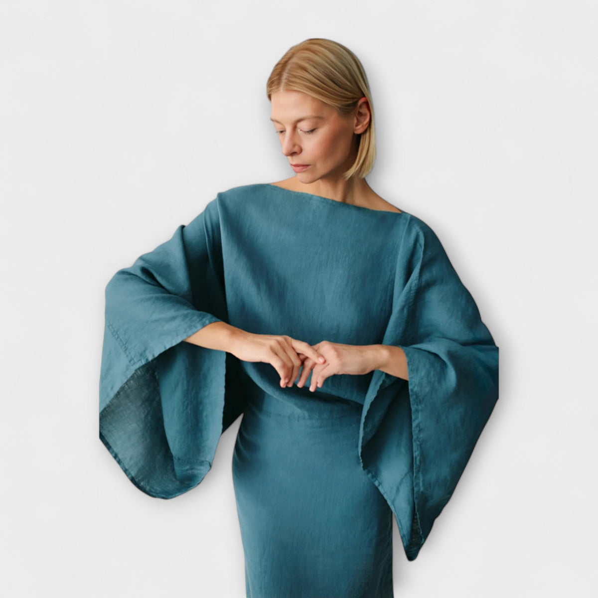 Dana - Blauwe Kimono-jurk van Linnen