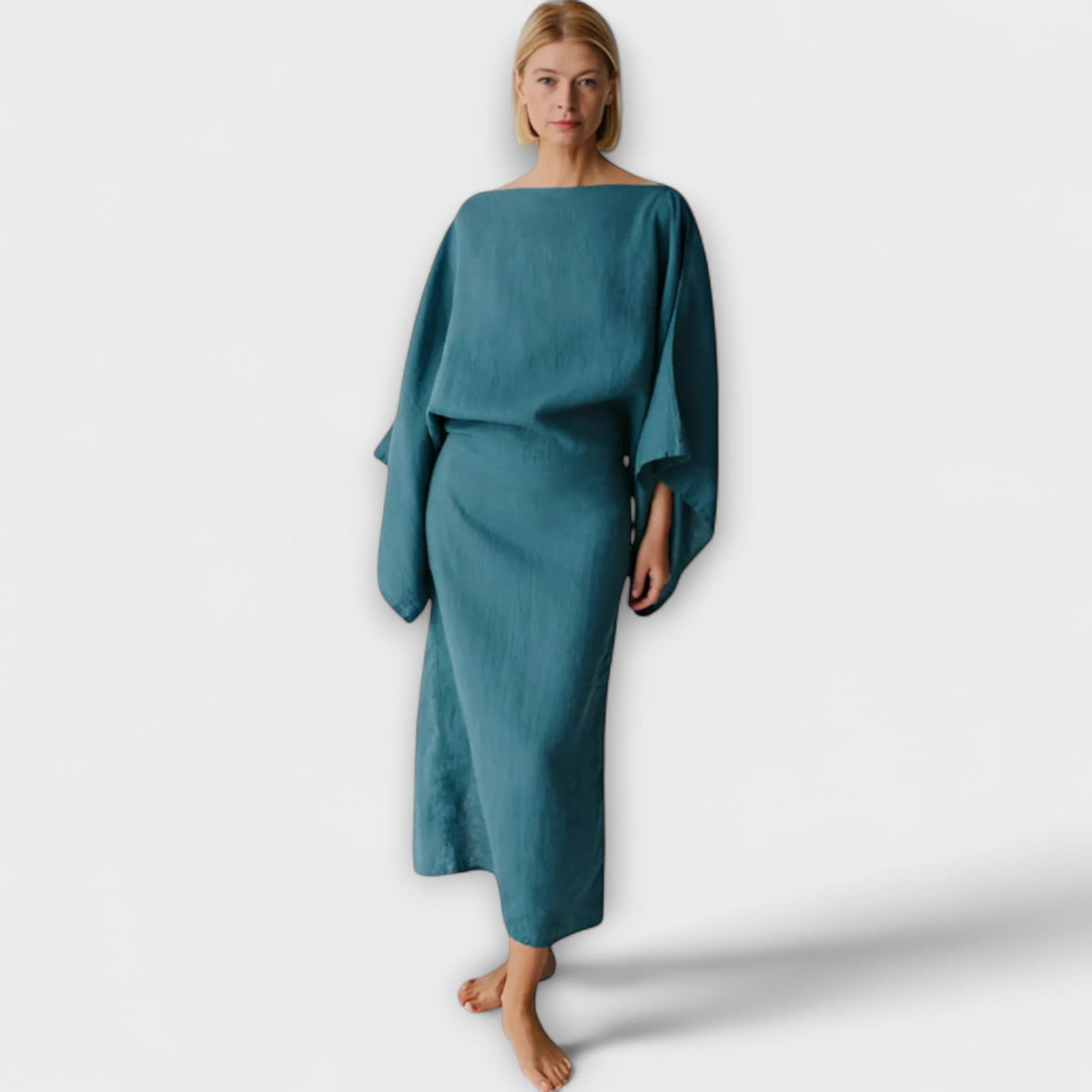 Dana - Blauwe Kimono-jurk van Linnen